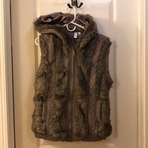 Tan hooded furry front vest